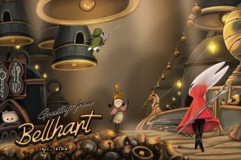 arthropod_girl artist_name bell black_eyes black_skin building cloak colored_skin english_text from_behind full_body green_cloak green_hat hat highres hollow_eyes hollow_knight hollow_knight:_silksong horned_mask hornet_(hollow_knight) horns in-universe_location looking_at_another mask needle_(hollow_knight) postcard_(medium) red_cloak sign silk tabiimation walking waving weapon weapon_on_back white_mask