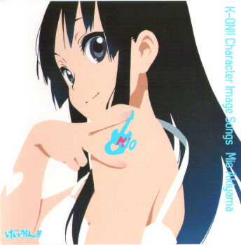 1girl akiyama_mio album_cover bare_shoulders black_hair bodypaint character_single cover dress female_focus grey_eyes heart highres hime_cut horiguchi_yukiko k-on! long_hair official_art reference_work scan scan_artifacts simple_background solo v