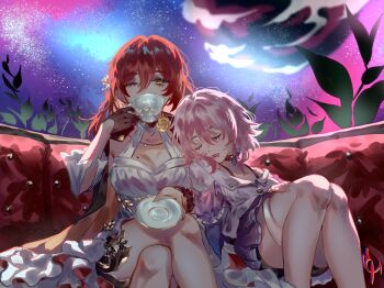 2girls bench black_choker black_gloves breasts choker coconuthound commentary cup dress english_commentary gloves halterneck highres himeko_(honkai:_star_rail) holding holding_cup honkai:_star_rail honkai_(series) knees_up large_breasts leaning_on_person march_7th_(honkai:_star_rail) march_7th_(preservation)_(honkai:_star_rail) medium_hair mole mole_on_breast multiple_girls one_eye_closed orange_eyes pink_hair red_hair shirt signature single_glove sitting sleeping thigh_strap white_dress white_shirt