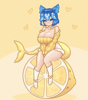 1girl animal_ears animated animated_gif bao_(vtuber) blue_hair bouncing bouncing_breasts breasts cleavage closed_eyes closed_mouth food fruit huge_breasts indie_virtual_youtuber lemon limebreaker looping_animation solo tail virtual_youtuber