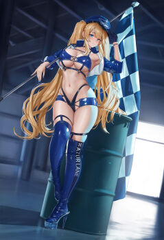 1girl absurdres arm_up armpits azur_lane backlighting baltimore_(azur_lane) baltimore_(azur_lane)_(cosplay) baltimore_(finish_line_flagbearer)_(azur_lane) barrel bikini black_gloves blonde_hair blue_bikini blue_eyes blue_hat blue_jacket blue_nails blue_shorts blue_thighhighs blunt_bangs blush boots breasts c_chan_(vtuber) ceiling checkered_flag chest_belt chinese_commentary cleavage closed_mouth collarbone commentary_request copyright_name cosplay criss-cross_strings cropped_jacket drum_(container) dutch_angle fingernails flag full_body garter_straps gloves hat high_heel_boots high_heels highleg highleg_bikini highres holding holding_flag indie_virtual_youtuber indoors jacket large_breasts long_fingernails long_hair long_sleeves looking_at_viewer micro_shorts nail_polish navel peaked_cap platform_heels race_flag race_queen ringed_eyes see-through_clothes see-through_footwear shorts sidelocks single_glove skindentation solo standing standing_on_one_leg stomach swimsuit thigh_strap thighhighs three-quarter_sleeves twintails two-sided_fabric two-sided_jacket underboob very_long_hair virtual_youtuber wrist_straps yuhui_ranjin