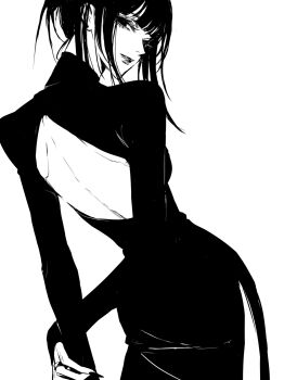 1girl back_cutout breasts clothing_cutout cowboy_shot dress from_behind greyscale highres jewelry long_sleeves looking_at_viewer looking_back medium_hair monochrome original ring side_slit simple_background small_breasts solo teeniika turtleneck turtleneck_dress white_background wispy_bangs