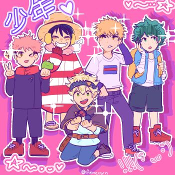 5boys animal asta_(black_clover) bird black_clover black_hair black_headband bleach boku_no_hero_academia bread closed_eyes deformed emoticon fenecsin fluffy_hair food gakuran green_hair grey_hair grin headband highres holding holding_animal holding_bird itadori_yuuji jujutsu_kaisen kurosaki_ichigo male_focus messy_hair midoriya_izuku monkey_d._luffy multiple_boys one_piece orange_hair original pink_hair red_hood scarf school_uniform short_hair signature smile sparkle spiked_hair v