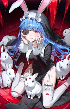 1girl :q absurdres ambiguous_red_liquid animal_ears black_leotard black_shoes black_veil blue_hair blunt_bangs blush breasts bunny_day cross eyepatch fake_animal_ears fake_tail garter_straps guimpe hands_on_own_cheeks hands_on_own_face heart heart-shaped_pupils high_heels highres lace lace-trimmed_thighhighs lace_trim leotard long_hair long_sleeves looking_at_viewer medium_breasts nontraditional_playboy_bunny nun original pelvic_curtain rabbit rabbit_ears rabbit_tail red_eyes ribbon ryugisa shoes sitting smile solo symbol-shaped_pupils tail thighhighs tongue tongue_out veil wariza white_rabbit_(animal) white_ribbon white_thighhighs