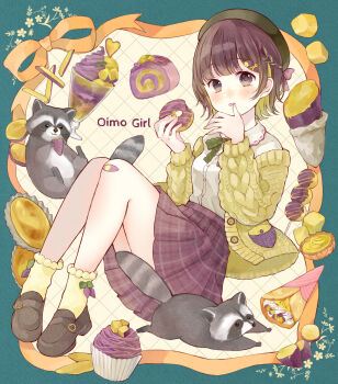 1girl animal argyle_background bandaid bandaid_on_knee bandaid_on_leg beret black_shoes blue_background blunt_bangs blush bow bowtie braid breasts buttons cardigan cardigan_partially_removed collared_shirt colored_inner_hair commentary_request cupcake donut dress_shirt fingernails food frilled_shirt_collar frills full_body green_bow green_bowtie green_hat hair_ornament hairclip hands_up hat hat_bow highres holding holding_donut holding_food ice_cream icing knees_up long_sleeves looking_at_viewer miniskirt multicolored_hair nail_polish open_cardigan open_clothes original parted_lips plaid_clothes plaid_skirt pleated_skirt purple_bow purple_eyes purple_hair purple_skirt raccoon ribbon_border shirt shirt_tucked_in shoes short_hair side_braid single_braid sitting skirt small_breasts socks solo sundae sweet_potato tententuyu two-tone_hair white_shirt yellow_cardigan yellow_nails yellow_socks