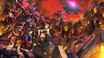 1boy 1girl 6+others adeptus_astartes apocalypse arm_rest armor axe bare_shoulders battle_axe bikini black_bikini black_choker black_jacket black_shoes black_skirt black_thighhighs blood_on_axe blood_on_hat breastplate breasts broken_glass brown_loincloth bullet_hole burning burning_building chain chaos_(warhammer) chaos_space_marine choker city clenched_hands closed_mouth commentary commission concrete crossover crow_(nikke) debris english_commentary fishnet_pantyhose fishnets from_below glass glitch glowing glowing_eyes goddess_of_victory:_nikke goth_fashion hand_on_ground helmet highres holding holding_axe holding_weapon jacket khorne_(cult) large_breasts linea_alba loincloth long_hair looking_to_the_side medium_hair midriff multiple_others navel pantyhose pauldrons power_armor raised_eyebrow rapture_(nikke) rebar red_armor red_eyes red_helmet red_sky robot ruins shoes shoulder_armor sideboob sitting skirt skull sky smoke spiked_pauldrons standing substance20 swimsuit thighhighs torn_clothes torn_thighhighs unworn_jacket warhammer_40k weapon world_eaters zipper