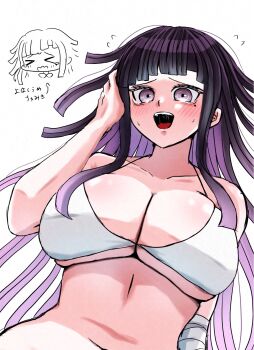 1girl :d bandaged_arm bandages bare_shoulders bikini black_hair blush breasts cleavage collarbone danganronpa_(series) danganronpa_2:_goodbye_despair highres large_breasts long_hair mole mole_under_eye mozuku_(iiiiiiimomo) navel open_mouth shiny_skin smile solo swimsuit teeth tongue translation_request tsumiki_mikan upper_teeth_only white_bikini