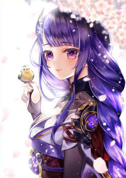 1girl absurdres asymmetrical_sleeves bird bird_on_hand birthday blue_pupils blunt_bangs blurry blush braid breasts bridal_gauntlets cherry_blossoms cleavage commentary depth_of_field falling_petals genshin_impact hair_ornament happy_birthday highres japanese_clothes kimono long_braid mayu_(sh-n-9) medium_breasts mole mole_under_eye multicolored_eyes multicolored_hair neck_ribbon petals pink_background pink_lips pink_petals purple_eyes purple_hair purple_kimono purple_nails raiden_shogun red_ribbon red_sash ribbon sash shade single_braid solo uneven_sleeves upper_body