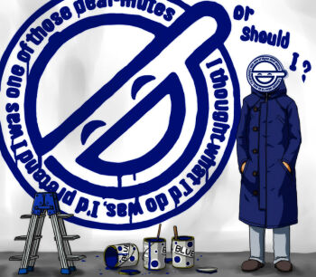 00s 1boy aoi_(gits) coat ghost_in_the_shell ghost_in_the_shell:_stand_alone_complex ladder laughing_man_(gits) logo male_focus marimo_(naiveram) overcoat paint solo