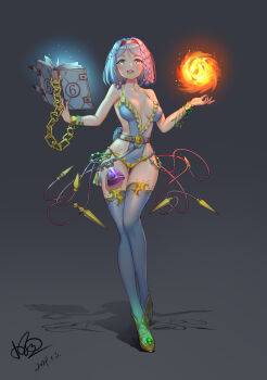 1girl absurdres belt blue_hair blush book bracelet braid breasts chain female_focus fire high_heels highres jewelry looking_at_viewer magic nail_polish open_mouth original potion smile solo thighhighs xiaoxi0619 yellow_eyes