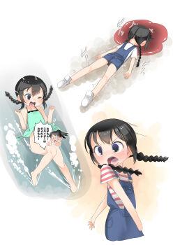 1girl ass bare_arms bare_shoulders black_hair blood blue_dress braid censored collarbone dress grey_eyes loli long_hair low_twintails lying mitsudomoe_(manga) mole mole_under_eye multiple_views no_panties ogata_airi on_stomach open_mouth overall_skirt pool_of_blood shirt shoe_soles shoes short_sleeves sleeveless sleeveless_dress striped_clothes striped_shirt translation_request trembling twin_braids twintails v-shaped_eyebrows water white_footwear white_shirt yone_kinji