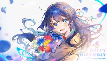 Rule 34 | 1girl, :d, blue eyes, blue flower, blue hair, blue ribbon, blue rose, bouquet, brown cardigan, cardigan, character name, commentary, floating hair, flower, hair ribbon, haitsuki, half updo, happy birthday, hasu no sora school uniform, highres, holding, holding bouquet, link! like! love live!, long hair, looking at viewer, love live!, murano sayaka, open mouth, red flower, red ribbon, red rose, ribbon, rose, sailor collar, school uniform, smile, solo, symbol-only commentary, upper body, virtual youtuber, white background, white sailor collar, winter uniform, yellow flower, yellow rose