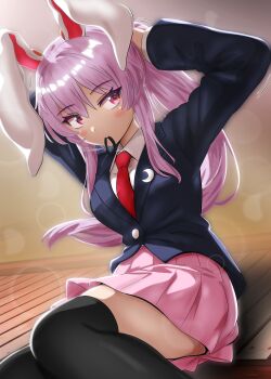 1girl absurdres animal_ears arms_up averting_eyes black_jacket black_thighhighs blazer blush collared_shirt commentary_request crescent_ornament dutch_angle hair_between_eyes hair_tie hair_tie_in_mouth highres jacket long_hair long_sleeves lunalunachild mouth_hold necktie pink_hair pink_skirt pleated_skirt ponytail purple_eyes rabbit_ears red_necktie reisen_udongein_inaba shirt shirt_tucked_in sidelocks sitting skirt solo thighhighs touhou tying_hair white_shirt wooden_floor