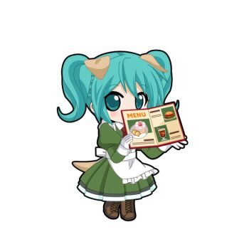 Rule 34 | 1girl, animal ears, animated, animated png, apron, aqua eyes, aqua hair, black outline, blinking, blush, boots, brown boots, chibi, chibi only, contrast collar, covered mouth, dog ears, dog girl, dog tail, dress, extra ears, frilled apron, frills, full body, game asset, gloves, green dress, hatsune miku, hatsune miku graphy collection, holding, holding menu, juliet sleeves, kemonomimi mode, lace-up boots, long sleeves, looking at viewer, menu, necktie, outline, puffy sleeves, red necktie, solo, standing, tail, transparent background, twintails, vocaloid, waitress, white apron, white gloves