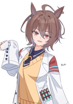 1girl agnes_tachyon_(umamusume) artist_name black_necktie blush brown_hair chemical_structure coat cork cup ear_ornament earrings hair_between_eyes hand_up highres holding holding_cup jewelry kuro_sato lab_coat long_sleeves looking_at_viewer necktie open_clothes open_coat open_mouth red_eyes short_hair short_necktie signature simple_background single_earring sleeves_past_fingers sleeves_past_wrists smile solo spilling sugar_cube sweater test_tube umamusume white_background white_coat yellow_sweater