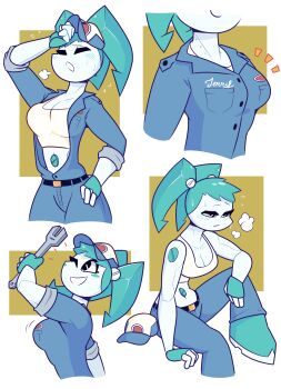 1girl absurdres android aqua_gloves aqua_hair bare_shoulders belt black_belt black_eyes blue_hat blue_pants blue_shirt blush breasts breath character_name cleavage closed_eyes closed_mouth collarbone collared_shirt colored_skin commentary cowboy_shot dabble english_commentary english_text eyelashes fingerless_gloves foot_out_of_frame from_side gloves half-closed_eyes hand_on_own_forehead hand_on_own_hip hand_up hat head_out_of_frame highres holding holding_wrench humanoid_robot jenny_wakeman joints knee_up looking_at_object medium_breasts metal_skin midriff my_life_as_a_teenage_robot one_eye_closed open_clothes open_mouth open_shirt pants robot robot_girl robot_joints screw_hair_ornament screw_in_body shirt short_hair sitting sleeves_rolled_up smile sweat tank_top twintails unworn_headwear upper_body white_background white_skin white_tank_top wrench yellow_background