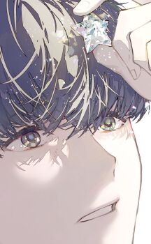 1boy black_eyes black_hair close-up commentary crystal english_commentary hand_up holding kim_dokja light_particles male_focus omniscient_reader&#039;s_viewpoint parted_lips portrait sanjinmogufufu short_hair sidelighting solo sparkling_eyes star_(symbol) wide-eyed