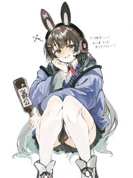 Rule 34 | 1girl, animal ear headphones, animal ears, black hair, black skirt, blue eyes, blue jacket, blush, boots, bottle, collared shirt, commentary request, drunk, fake animal ears, feet out of frame, hand on own chin, headphones, holding, holding bottle, jacket, konabetate, lapels, long hair, long sleeves, looking at viewer, miniskirt, neck ribbon, nijisanji, oekaki, open mouth, plaid clothes, plaid lapels, pleated skirt, rabbit ear headphones, rabbit ears, red ribbon, ribbon, shirt, simple background, sitting, skirt, smile, solo, squeans, thighhighs, translation request, tsukino mito, tsukino mito (moon!!), virtual youtuber, white shirt, white thighhighs