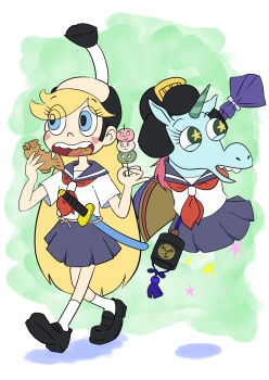 2girls animal black_hat black_shoes blonde_hair blue_eyes blue_fur blue_skirt chonmage dango disembodied_head disney eating facial_mark fish floating floating_head food green_background green_eyes hat heart heart_facial_mark heart_on_cheek highres holding holding_animal holding_fish holding_food horns horse katana long_hair multiple_girls neckerchief oira_wa_arumajiro omamori open_mouth princess_pony_head red_neckerchief school_uniform serafuku sheath shirt shoes short_sleeves single_horn skirt smile socks star-shaped_pupils star_(symbol) star_butterfly star_vs_the_forces_of_evil sword symbol-shaped_pupils teeth topknot unicorn wagashi walking weapon white_shirt white_socks