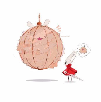 1girl :3 arthropod_girl artist_name black_eyes black_skin blank_eyes cage chinese_commentary cloak colored_skin commentary_request fang film_grain flea_(hollow_knight) from_behind full_body furry furry_female halftone highres hightguy hollow_knight hollow_knight:_silksong hornet_(hollow_knight) huge_flea_(hollow_knight) looking_at_another needle_(hollow_knight) no_feet notice_lines open_mouth red_cloak shadow signature simple_background speech_bubble spoken_character standing sweat thought_bubble trapped twitter_username weapon white_background