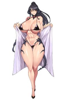 1girl absurdres au_ra bare_shoulders black_hair black_horns black_scales black_tail breasts cleavage curvy dragon_girl dragon_horns dragon_tail final_fantasy final_fantasy_xiv full_body gurimjang high_heels highres horns huge_breasts large_breasts long_hair long_legs looking_at_viewer navel scales simple_background smile solo tail thick_thighs thighs white_background wide_hips
