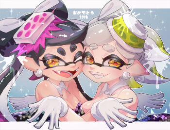 +_+ 2girls anniversary black_dress black_hair black_jumpsuit breasts callie_(splatoon) cheek-to-cheek chichi_band commentary_request cousins detached_collar dress earrings food food_on_head gloves gradient_hair green_hair grey_hair grin heads_together jewelry jumpsuit leaning_forward long_hair looking_at_viewer marie_(splatoon) medium_breasts mole mole_under_eye multicolored_hair multiple_girls nintendo object_on_head one_eye_closed open_mouth outside_border partial_commentary pointy_ears purple_hair short_hair smile sparkle splatoon_(series) splatoon_1 squid_pose strapless strapless_dress strapless_jumpsuit sushi swept_bangs tentacle_hair translated updo white_gloves wing_collar yellow_eyes