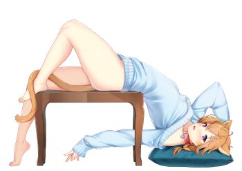 1girl absurdres animal_ears bare_shoulders barefoot blue_shirt blue_sweater blush braid breasts cat_ears cat_girl choker collar commission commissioner_upload facepaint facial_mark fang fire_emblem fire_emblem:_path_of_radiance fire_emblem:_radiant_dawn highres hood hoodie large_variant_set looking_at_viewer lying lyre_(fire_emblem) messy_hair nabunabu naked_hoodie nintendo no_bra no_pants open_mouth orange_hair orange_tail pillow pink_choker pink_collar purple_eyes shirt solo sweater thick_thighs thighs turtleneck turtleneck_sweater variant_set whisker_markings white_background