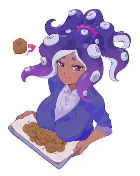 1girl absurdres blue_jacket breasts catboi_arry collared_shirt cookie dark-skinned_female dark_skin food grey_shirt highres holding holding_tray indie_virtual_youtuber jacket large_breasts long_hair looking_at_viewer momma_occo nintendo octoling purple_eyes purple_hair shirt simple_background solo splatoon_(series) tentacle_hair tray upper_body virtual_youtuber white_background