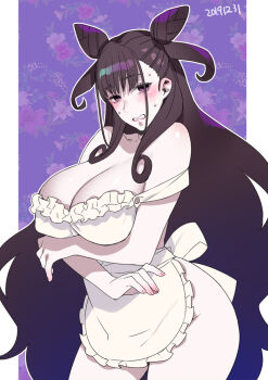 1girl apron black_hair blush breasts cleavage commentary_request embarrassed fate/grand_order fate_(series) large_breasts long_hair looking_at_viewer murasaki_shikibu_(fate) naked_apron purple_eyes solo sumeragi_kohaku sweat very_long_hair
