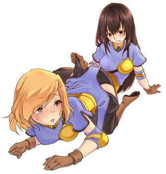 Rule 34 | 2girls, archer (ragnarok online), armored skirt, blonde hair, blue shirt, blush, boots, breasts, brown eyes, brown footwear, brown gloves, brown hair, commentary request, full body, gloves, highres, lifting another's clothes, long hair, looking at another, medium breasts, multiple girls, muneate, nose blush, open mouth, ragnarok online, shirt, short hair, short sleeves, simple background, white background, yukizaki (snowy cape), yuri