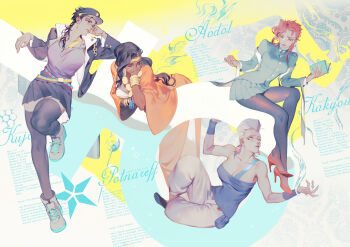 4girls bare_shoulders black_legwear blazer book bracelet breasts cleavage dark_skin dark-skinned_female earrings genderswap genderswap_(mtf) grey_hair jacket jean_pierre_polnareff jewelry jojo_no_kimyou_na_bouken kakyoin_noriaki kuujou_joutarou large_breasts long_hair miniskirt mohammed_avdol multiple_girls necklace open_clothes open_jacket pantyhose pleated_skirt red_hair rei_(sanbonzakura) school_uniform skirt tattoo thighhighs zettai_ryouiki