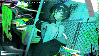 1girl absurdres breasts cleavage cleavage_cutout clothing_cutout commentary commission english_commentary graffiti green_eyes highres multicolored_hair original short_hair signal_1120 skeb_commission sleeveless two-tone_hair