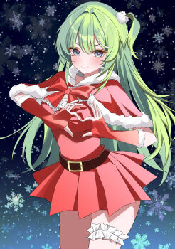 Rule 34 | 1girl, absurdres, belt, blue eyes, bow, bowtie, brown belt, capelet, closed mouth, commentary request, cowboy shot, dress, fingerless gloves, fur-trimmed capelet, fur-trimmed gloves, fur trim, gloves, green hair, hair ornament, heart, heart hands, highres, korean commentary, long hair, multicolored hair, pleated dress, red bow, red bowtie, red capelet, red dress, red gloves, santa costume, santa dress, side ponytail, snowflakes, solo, stellive, streaked hair, syuri (syuri 1 0), thigh scrunchie, virtual youtuber, white hair, yuzuha riko