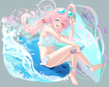 1girl absurdres ahoge azuma_(sospower73) bare_arms bare_legs bare_shoulders barefoot bikini blue-tinted_eyewear blue_archive blue_eyes bottle commentary eyewear_on_head fang frilled_bikini frills halo heterochromia highres holding holding_bottle hoshino_(blue_archive) hoshino_(swimsuit)_(blue_archive) official_alternate_costume official_alternate_hairstyle open_mouth pink_hair pink_halo skin_fang solo sunglasses swimsuit tinted_eyewear twintails white_bikini yellow_eyes