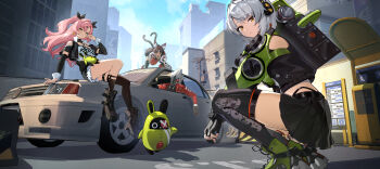1boy 3girls absurdres all_fours anby_demara animal_ears belted_skirt billy_kid black_hair black_ribbon black_shorts black_skirt boots breasts cable cable_tail car cat_ears cat_girl cat_tail chiyikoupangsanjin clothing_cutout corset crop_top cunning_hares_(zenless_zone_zero) cyborg dark-skinned_female dark_skin eous_(zenless_zone_zero) facial_mark fingerless_gloves forehead_mark full_body gloves green_eyes green_jacket green_sleeves grey_hair hair_ornament hairband hairclip headphones highres incredibly_absurdres jacket large_breasts long_hair long_sleeves looking_at_viewer mask mechanical_tail mole mole_on_thigh mole_under_eye motor_vehicle multiple_girls multiple_tails nekomata nekomiya_mana nicole_demara on_car one_eye_closed open_mouth orange_eyes outdoors pink_hair red_corset red_eyes red_hairband red_jacket ribbon robot robot_boy short_hair shorts shoulder_cutout skirt sleeveless sleeveless_jacket smile spiked_hair spiked_jacket squatting strapless tail thigh_strap thighhighs triangle tube_top two_tails white_hair white_tube_top zenless_zone_zero