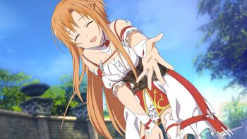 1girl :d ^_^ arm_strap asuna_(sao) bad_id bad_yandere_id bent_over blue_sky blurry blurry_background braid breasts brown_hair closed_eyes collarbone day detached_collar facing_viewer floating_hair french_braid from_below game_cg hair_between_eyes hand_on_lap highres layered_skirt long_hair medium_breasts miniskirt open_mouth outdoors pov reaching reaching_towards_viewer skirt sky smile solo sword_art_online sword_art_online:_hollow_realization underbust very_long_hair white_skirt