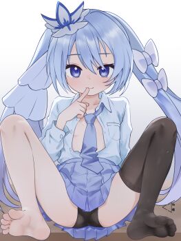1girl barefoot blue_eyes blue_hair blush chujinmikn feet finger_to_mouth highres long_hair looking_at_viewer necktie open_clothes open_shirt original panties pantyshot single_thighhigh smile soles thighhighs toes twintails underwear