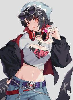 1girl absurdres alternate_costume belt black_hair black_jacket blush breasts candy cleavage cleavage_cutout clothing_cutout collarbone colored_inner_hair commentary_request denim ellen_joe eyewear_on_head fingernails fins fish_tail food grey_background highres holding holding_candy holding_food holding_lollipop jacket jeans lollipop looking_at_viewer midriff mole mole_under_eye multicolored_hair nail_polish navel nemou open_clothes open_jacket open_mouth pants purple_belt red_eyes red_hair red_nails shark_girl shark_tail shirt short_hair simple_background stomach tail white_shirt zenless_zone_zero