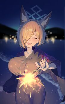 1girl animal_ear_fluff animal_ears black_kimono blonde_hair blue_archive blue_halo closed_eyes dog_ears dog_girl floral_print floral_print_kimono hair_over_one_eye halo highres holding holding_fireworks japanese_clothes kanna_(blue_archive) kimono mountainous_horizon ocean ojisan_kamo_shiremasen open_mouth print_kimono purple_sash sash sharp_teeth solo teeth yukata