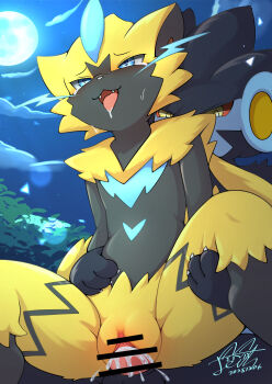 1boy 1girl animal_ears bar_censor black_fur blue_eyes censored claws cum cum_in_pussy drooling ejaculation feith-zr furry furry_female furry_male furry_with_furry gen_4_pokemon gen_7_pokemon hetero highres legendary_pokemon luxray moon mythical_pokemon night nintendo nude open_mouth outdoors penis pokemon pokemon_(creature) pussy reverse_suspended_congress sex sex_from_behind tears vaginal yellow_fur zeraora