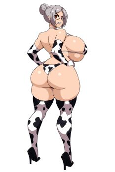 1girl angry breasts brown_eyes clenched_teeth cow_print cow_print_bikini cow_print_gloves cow_print_thighhighs curvy elbow_gloves from_behind full_body glasses gloves grey_hair hair_bun high_heels huge_breasts iggybomb kneepits looking_back print_bikini print_gloves print_thighhighs prison_school shiny_skin shiraki_meiko simple_background solo standing teeth thighhighs white_background