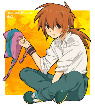 1boy ar_(rikuesuto) black_eyes blush closed_mouth collared_shirt commentary_request copyright_name hat holding holding_unworn_clothes holding_unworn_hat inazuma_eleven inazuma_eleven_(series) long_hair looking_at_viewer male_focus matsuno_kuusuke orange_hair pants ponytail shirt shoes simple_background sitting sleeves_rolled_up solo unworn_hat unworn_headwear white_shirt