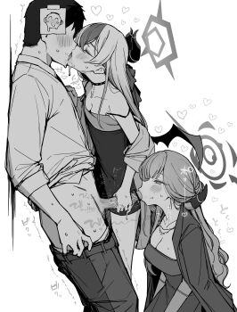 1boy 2girls absurdres aru_(blue_archive) aru_(dress)_(blue_archive) blue_archive blush breasts cleavage closed_eyes clothes_pull coat coat_on_shoulders collared_shirt demon_horns dress fellatio ffm_threesome gloves greyscale group_sex halo handjob heart highres horns jacket jewelry kayoko_(blue_archive) kayoko_(dress)_(blue_archive) kiss large_breasts long_hair monochrome multicolored_hair multiple_girls necklace official_alternate_costume open_clothes open_jacket open_mouth oral pants pants_pull penis putama sensei_(blue_archive) shirt short_hair sleeveless sleeveless_dress small_breasts teamwork_(sexual) three-quarter_sleeves threesome