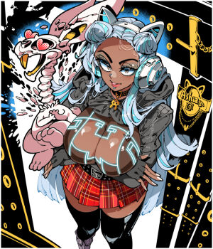 1girl 1other animal_ear_headphones animal_ears animal_skull arms_under_breasts belt belt_buckle black_belt black_choker black_thighhighs blue_eyeliner bone breast_cutout breasts brown_eyes brown_shirt buckle cat_ear_headphones cat_ears center_opening choker cleavage cleavage_cutout clothing_cutout crossed_arms dark_skin double_bun eyelashes eyeliner face_piercing fake_animal_ears feet_out_of_frame fingerless_gloves from_above gloves glowing gold gold_pendant grey_jacket hair_bun headphones heart heart_in_eye hood hood_down hooded_jacket jacket kafun lip_piercing lips looking_at_viewer looking_up makeup miniskirt multicolored_hair nose_piercing original pendant_choker piercing pleated_skirt rabbit red_skirt see-through_cleavage see-through_clothes shirt skirt skull standing streaked_hair symbol_in_eye thighhighs tongue tongue_out white_hair zettai_ryouiki