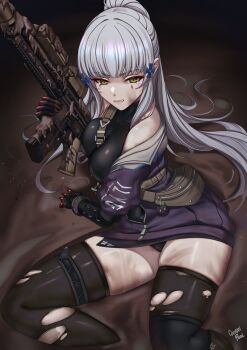1girl absurdres assault_rifle breasts caiman_pool cross_hair_ornament dirty dirty_face girls'_frontline girls'_frontline_2:_exilium gloves green_eyes gun h&amp;k_hk416 hair_ornament highres hk416_(girls'_frontline) jacket klukai_(girls'_frontline_2) long_hair mud ponytail rifle sidelocks solo tattoo teardrop_facial_mark teardrop_tattoo thighhighs torn_clothes torn_thighhighs weapon