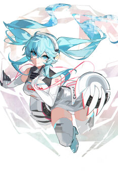 1girl absurdres bare_shoulders blue_eyes blue_hair blue_shoes breasts closed_mouth commentary crossed_bangs double-parted_bangs dress elbow_gloves full_body gloves hair_between_eyes hand_up hatsune_miku headphones high_heels highres kazenemuri long_hair looking_at_viewer medium_breasts number_tattoo racing_miku racing_miku_(2014) shoes short_dress shoulder_tattoo sleeveless sleeveless_dress smile solo tattoo thighhighs twintails vocaloid white_dress white_gloves white_thighhighs