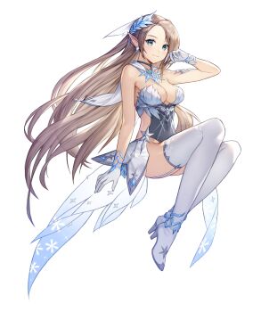 1girl absurdres artist_request ass boots bracelet breasts brooch brown_hair capelet cleavage commentary commentary_request diamond-shaped_earrings earrings elf english_commentary floating_hair full_body garter_straps gem gloves green_eyes green_gemstone grey_leotard hand_up high_heel_boots high_heels highres invisible_chair jewelry king&#039;s_raid korean_commentary laurel_crown leotard long_hair medium_breasts mixed-language_commentary multicolored_hair official_alternate_costume official_art pointy_ears second-party_source selene_(king&#039;s_raid) sideless_leotard simple_background sitting smile snowflake_print solo star_(symbol) streaked_hair thigh_boots train_(clothing) very_long_hair white_background white_boots white_capelet white_gloves