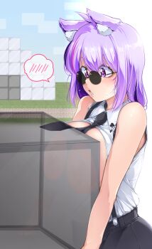 accidental_exposure against_glass animal_ears aratama_(a-tama) black_necktie breast_press breasts breasts_on_glass cat_ears commentary_request hololive inconvenient_breasts large_breasts medium_hair minecraft necktie nekomata_okayu open_clothes open_mouth purple_eyes purple_hair round_eyewear sleeveless speech_bubble spoken_blush sunglasses suspenders virtual_youtuber
