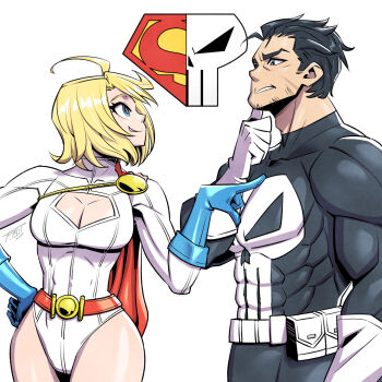 1boy 1girl abs black_hair blonde_hair blue_eyes bodysuit breasts commentary crossover dc_comics english_commentary frank_castle grey_eyes large_breasts marvel muscular muscular_male power_girl smile sunafuki_tabito superhero_costume superman_(series) superman_logo tall_male the_punisher_(character) the_punisher_(series)