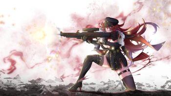 1girl assault_rifle black_boots black_gloves black_jacket black_thighhighs boots breasts cleavage commentary english_commentary fur-trimmed_jacket fur_trim gloves gun highres holding holding_gun holding_weapon indie_virtual_youtuber jacket large_breasts long_hair looking_at_viewer o-ring o-ring_thigh_strap oekakissaerizoh red_hair rifle solo thigh_boots thigh_strap thighhighs virtual_youtuber weapon yellow_eyes zentreya